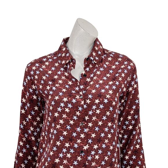 Sandro Paris 100% Silk Button up Blouse Burgundy with stars print Women's S - Picture 8 of 9